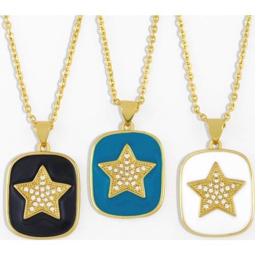 FLOLA Gold Chain Enamel Star Necklace For Women With Stone Geometric Square Pendant Necklace Cubic Zirconia Jewelry Gifts nkes43