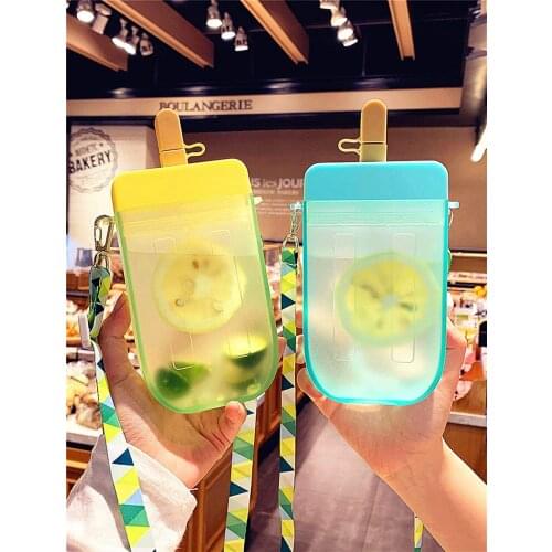Cute Kids Water Bottles with Straws, Cream Popsicle Leakproof Plastic Drink Water Bottles, Adjustable Shoulder Strap for Outdoor