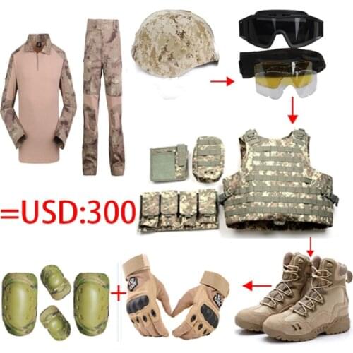 Full set tactical helmet/Glasses/vest/Camo frog tops pants/US Seal Army Gloves/Military Desert Combat Boots/4pcs Knee Elbow Pads