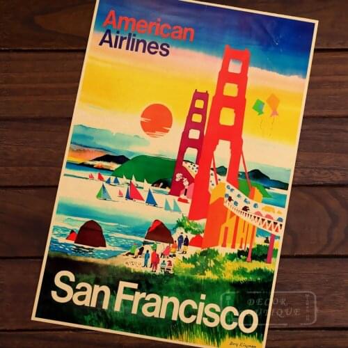 Pop Art Map Hand-painted Golden Gate Bridge Classic Vintage Retro Kraft Canvas Poster Maps Home Bar Posters Wall Decor Gift