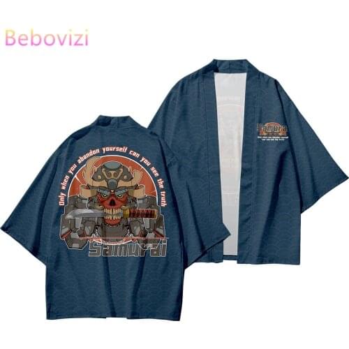 Plus Size Blue Samurai Japanese Style Sets Fashion Kimono Beach Harajuku Men Women Cardigan Haori Obi Asian Clothes Pant Suit