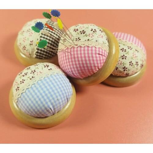 Fabric Splicing Round Pin Cushion Needle Storage Holder Tools Pincushions Home Knitting Pin Holder with Wooden Base