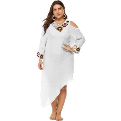 Large Size Womens Clothing Irregular Single Off The Shoulder V Neck Crochet Flower Stitching Long Sleeve Beach Sun Protection