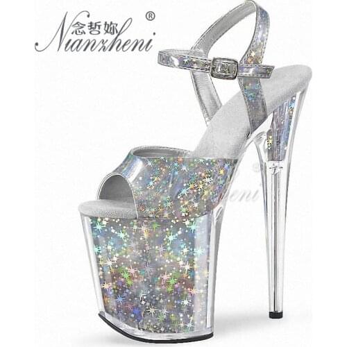 2021 Summer New Style Sexy Fetish Laser Nightclub Pole Dance Shoes Show 8 Inch Crystal 20CM High Heeled Womens Platform Sandals