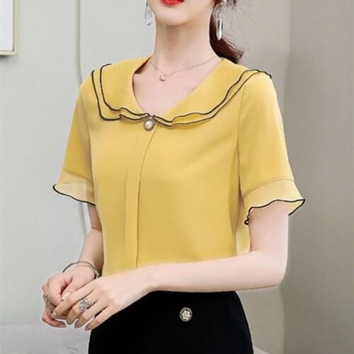 Women Spring Summer Style Chiffon Blouses Shirts Lady Casual Short Sleeve Peter Pan Collar Blusas Tops ZZ0480