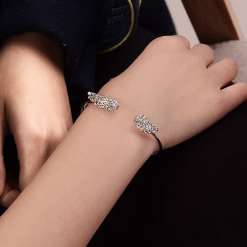 Open Double Sided Crystal Feather Angel Wings Golden Silver Plated Bangles for Women
