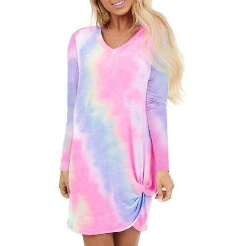 Ladies Tie-dye Gradient Spring Autumn Dress Street Casual Long Sleeve V-Neck Print Dress Plus Size Women Loose Dress Vestidos
