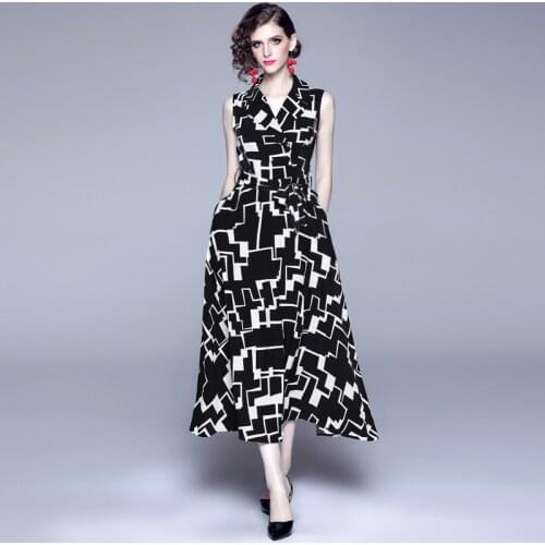 New Summer Printed Dress Women Elegant Sleeveless V-Neck Big Swing Holiday Party Long Dresses Work Casual Slim Vintage Vestidos