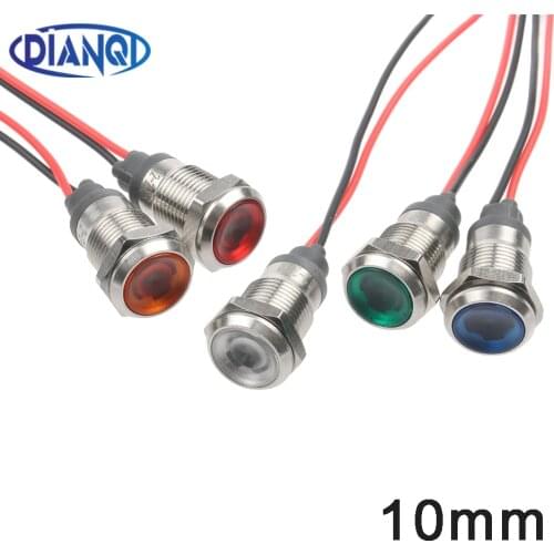 1PC 10mm LED Metal Indicator Light Waterproof Signal Lamp Instruction Dot Light Red Yellow Blue Green White 3-6V 12-24V 110-220V
