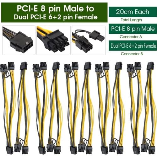 10pcs/lot 8 Pin To Dual 6+2 Pin Male Pci-e Pcie Gpu Power Cable Splitter Adapter