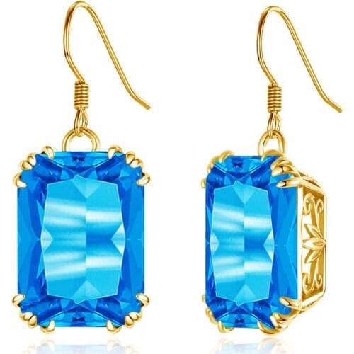14K Gold Silver 925 Fashion Jewellry Square Blue Topaz Drop Earrings For Women Party Valentines Earring Fine Jewelry Gifts
