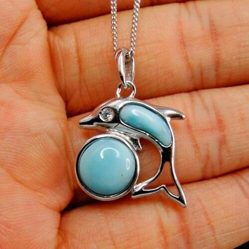 925 Sterling Silver Natural Dominica Larimar Dolphin Womens Pendant Necklace For Gift