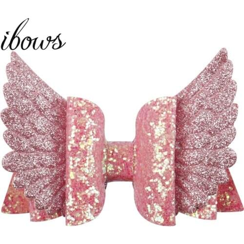IBOWS 4'' Glitter Hair Bows Layered Wings Rainbow Color Mini Hair Bows Double Clip For Children Girls Hairpins Hair Accessories