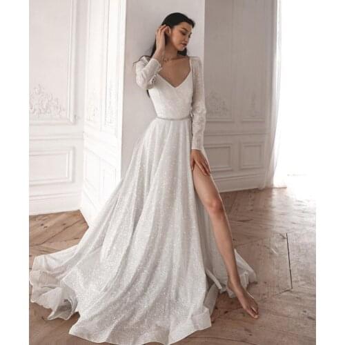 Long Sleeve Glitter V-Neck Wedding Dresses with Slit A-Line Zipper Back Tulle Court Train Robes De Mariée Bridal Gown For Women