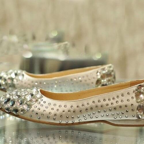 Elegant Shoes for Bridal Glitter satin rhinestone bridal shoes flat heel female crystal Pageant wedding shoes