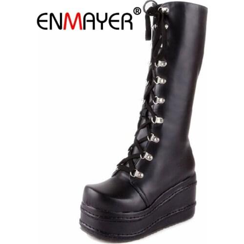 ENMAYER Motorcycle Boots Gothic Punk Shoes Cosplay Boot Knee High Heel Platform Sexy Lace Up Winter Wedges Knee High Boots CR676