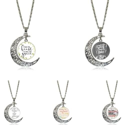 EJ Glaze For Men Women Tune my heart to heart Sing Thy grace Glass Pendant Necklace Handmade Half Moon Pendant Necklace