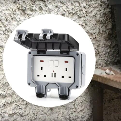 IP66 Weatherproof Waterproof Outdoor Wall Power Socket 13A Double EU/UK Standard Electrical Outlet Grounded AC 220V
