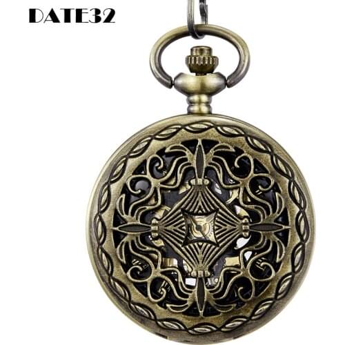 Roman Numerals Dial Mechanical Pocket Watch Bronze Steampunk Fob Chain Hollow Skeleton Case Engraved Clock for Men Dropshipping