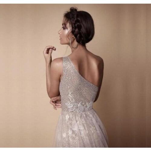 Berta A Line prom Dresses Evening Wear Free Shipping One Shoulder Sequined Shiny Evening Gowns High Split Custom Made Formal Pro