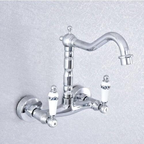 Polished Chrome Brass Wall Mounted Kitchen Bathroom Sink Basin Faucet Dual Handle Swivel Spout Hot Cold Water Tap Lsf772