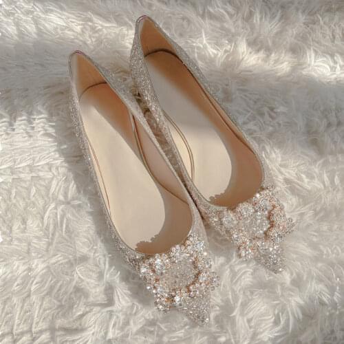 Wedding Shoes Woman Square Buckle Crystal Pointed Toe Flats Glitter Shallow Slip On Comfy Loafers Bling Bling 33-44 Moccasins