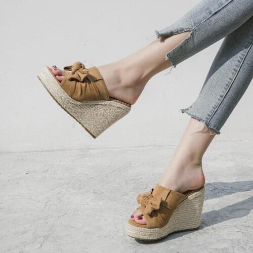 YQBTDL 2020 Summer Beach Womans Shoes Suede Bowtie Pleated Hemp Woven Platforms Wedges Slides Women High Heels Slippers Vacation