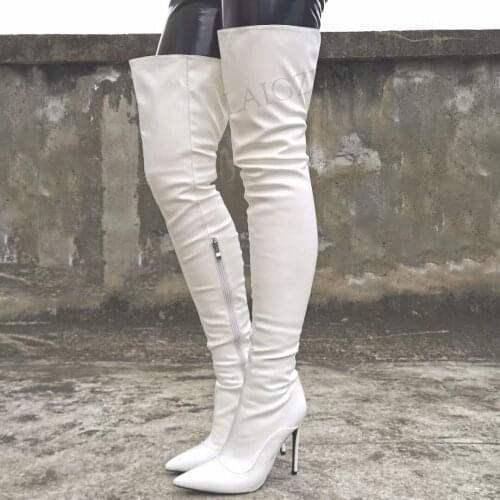SEIIHEM Women Over Knee Boots White Pointed Toe Thin High Heeled Boots Thigh High Ladies Party Shoes Woman Big Size 42 43 45 47