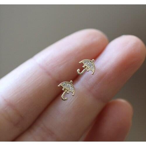 Women Gold Color Umbrella Stud Earrings Cute Mini Earrings for Women CZ Zircon Earrings Fine Jewelry Daily Earrings Party Gifts
