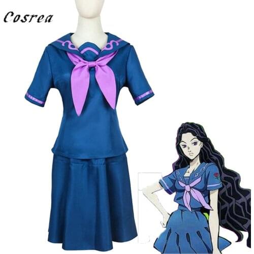 Anime JoJos Bizarre Adventure Costumes Yamagishi Yukako Cosplay Blue Dress Girls School Uniforms Sailor Suits For Women
