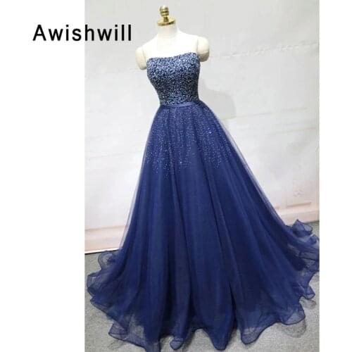 New Arrival Navy Blue Beading Prom Dress Long Strapless A-line Lace-up Back Floor Length Engagement Party Dress Robe de Soiree