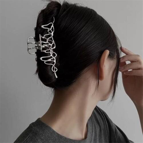 AOMU Cool Simple Silver Color Metal Letter Hair Claw Smooth Irregular Geometric Hollow Big Hairpins for Women Party Accessories