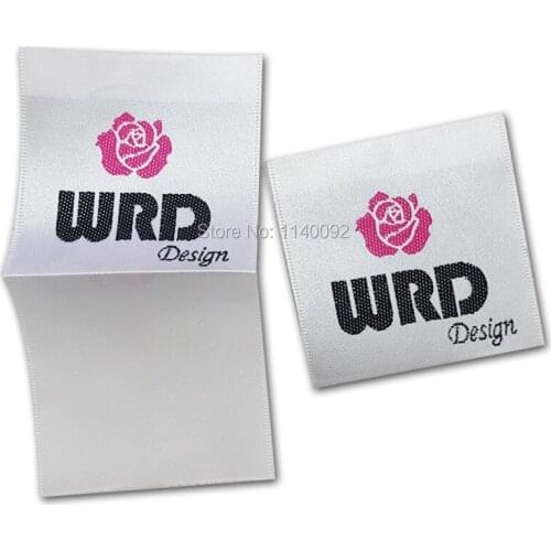 Free shipping customize clothing loop fold tags/satin woven labels/garment T-shirt dress embroidered tag/brand name tag printing
