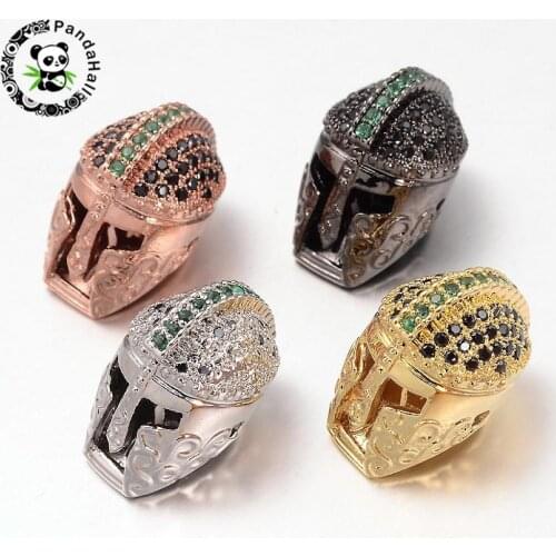 10pcs Knights Helmet Brass Micro Pave Cubic Zirconia Beads, Mixed Color, 18x11x13mm, Hole: 1mm