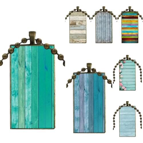 For Women Gift Glass Pendant Necklace Handmade Half Pendant Rectangle Necklace Cyan Vintage Blue Wood Print