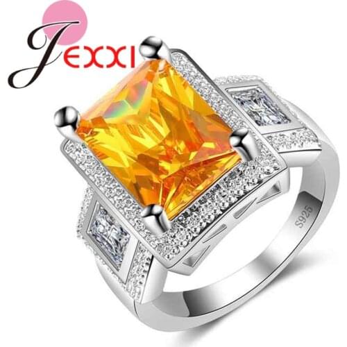 Classic Suqre Champagne Crystal Jewelry Fashion Wedding Ring Paved White Zircon 925 Sterling Silver Bijoux Women Anillos