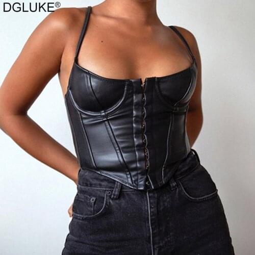Black PU Leather Bustier Corset Top Women Spaghetti Strap Backless Faux Leather Crop Top Fashion Streetwear Tops For Summer