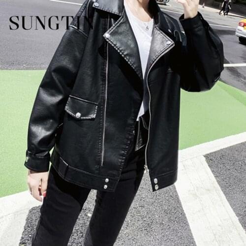 Sungtin High Quality Faux Leather Jacket Women Loose Black Pu Motorcycle Jacket Female Streetwear Casual Outerwear Korean Chic