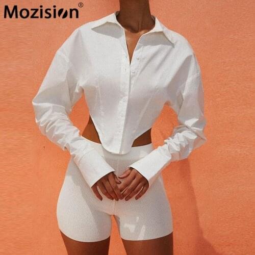 Mozision Black White Turn-down Collar Single Breasted Blouse Women Long Sleeve Irregular Short Shirt Ladies Streetwear Shirts
