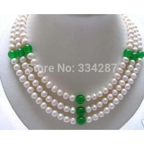 New 3 Rows Genuine 7-8 MM Pearls jades wedding/Party/Ball/Gift necklaces