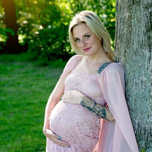 Clearance Stretch Lace Dress Tube Straight Gown Maternity Dress with Chiffon Cloak for Photography Props Baby Shower Gift