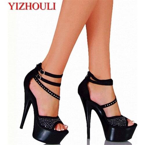 15cm ultra high heels sandals rivets open toe cover heel with the temptation to shoes 6 inch Platform dance shoes