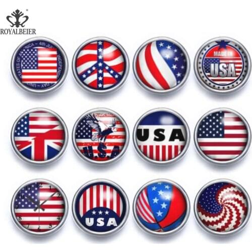 ROYALBEIER 12pcs/lot Mixed Patterns Flag 12mm Glass Snap Button Jewelry Faceted Glass Snap Fit Snap Earrings Bracelet Necklace