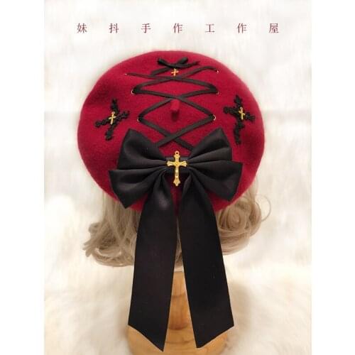 Holy Sweet Handmade Lolita Girls Wine Red Bowknots Drawers Beret Woolen Hat Kawaii Cute Painter Beret Cap Cross Trim DIY