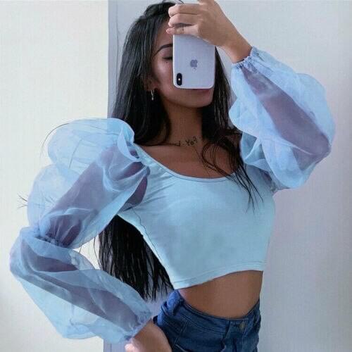 Women Fashion Pop Ruffled Mesh Sleeve Low Cut Solid Casual Club Organza Top Crop Top Puff Sleeve Sexy Party Sweet Clothes