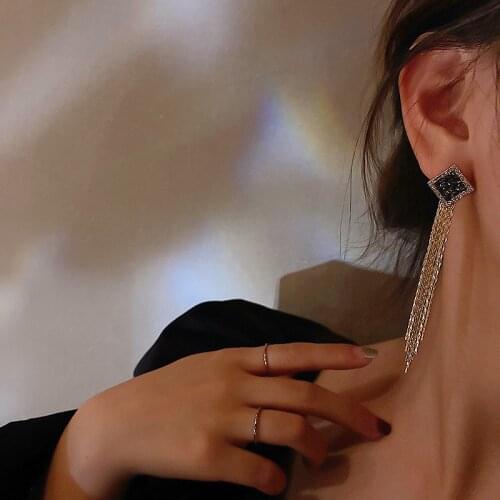European and American geometric square rhombus with rhinestones long tassel earrings fashion design net red light luxury earring