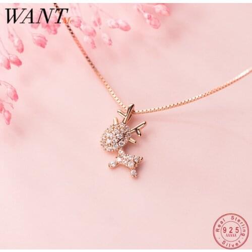 WANTME Real 100% 925 Sterling Silver Luxury Cute Rose Gold Elk Reindeer Pendant Clavicle Choker Necklace for Women Fine Jewelry