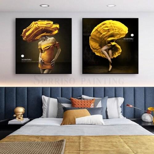 Nordic Yellow Skirt Woman Girl Canvas Painting Modern Wall Art Posters And Prints Pictures For Living Room Home Hallway Decor
