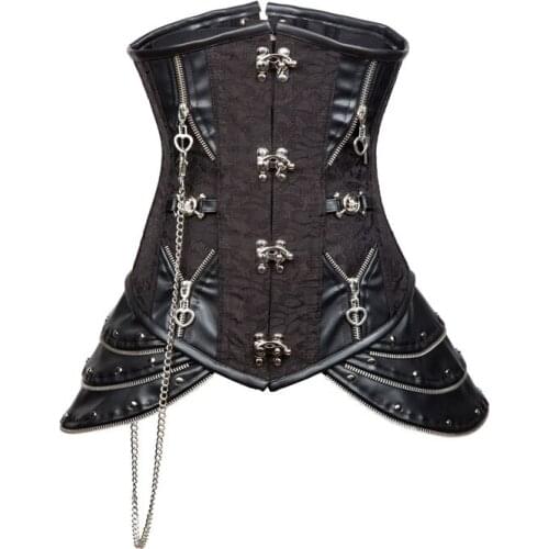Women gothic Steampunk Corset with chain Waist Control black Corset steampunk Corset bustiers With Chain leather satin w3469b