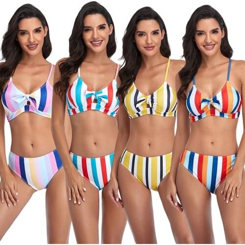 Push Up Stripe Print Bikini Sets Women Sexy Mid Waist Thong Two Pieces Swimsuits 2021 New Female Beach Bathing Suits Swimwear